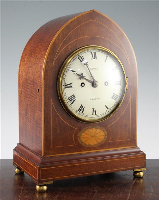 A late Victorian inlaid mahogany lancet mantel clock 14.5in.